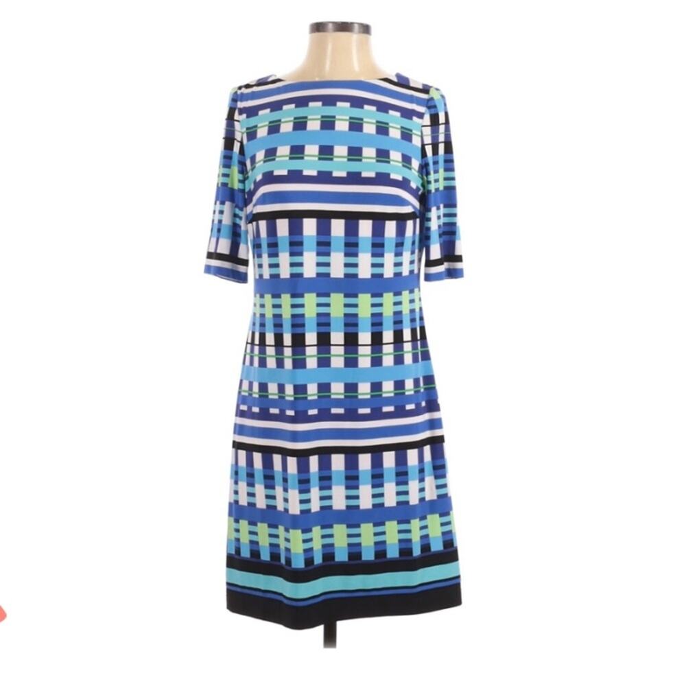 Eliza J Green & Blue Print Short Sleeve Sheath Dress Womens 4 Plaid Career Mini